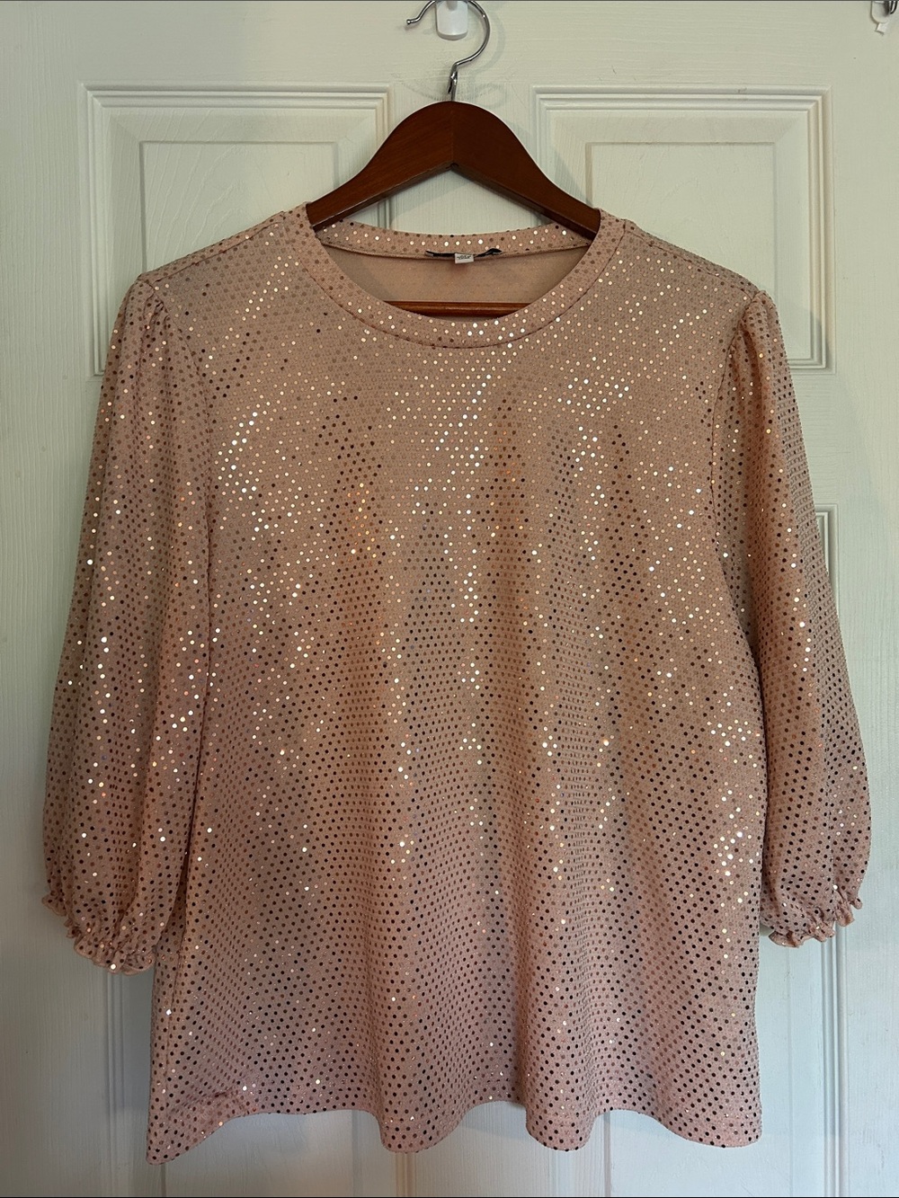 Nanette Lepore Blush Pink Peach Sequin Puff-Sleeve Top